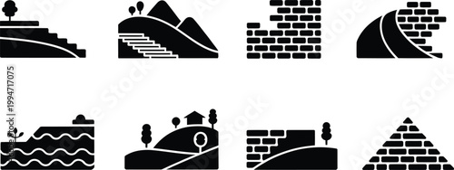 Exploring the aesthetic diversity of terracing, a collection of black and white symbols representing agricultural landscapes, vector illustration showcasing layered fields, contour lines, and farming 