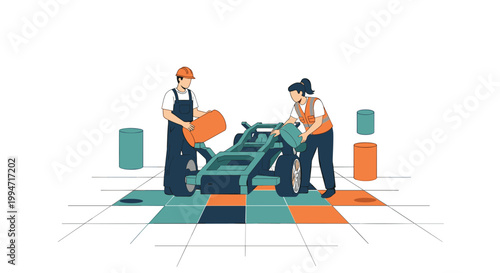 Two mechanics, a man and a woman wearing safety gear, work together to assemble a vehicle chassis on a colorful gridded floor in a workshop setting.