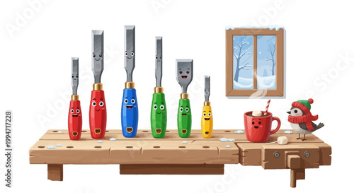 Happy cartoon chisels on a cozy winter workbench with a bird and hot chocolate.