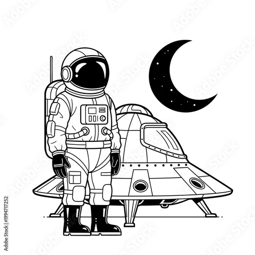 Astronaut standing next to spacecraft.