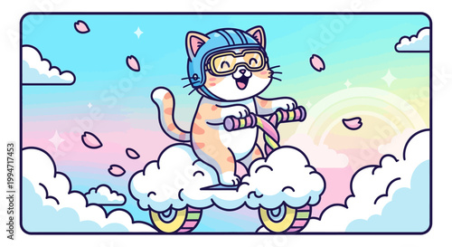 Cute cat with helmet rides a scooter on clouds with rainbow background