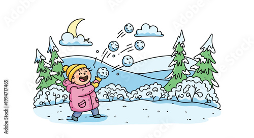 Happy child throwing snowballs in a winter landscape
