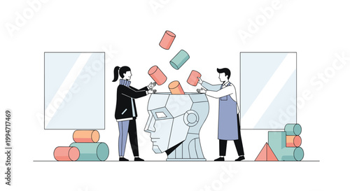 A man and a woman collaborate to input colorful cylindrical blocks of information into the open head of a large android, illustrating the concept of machine learning.