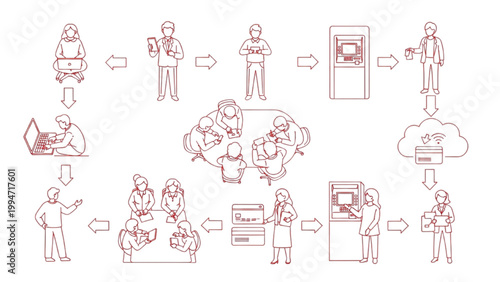 Top View Digital Banking Workflow System Showing Human Activity and Money Transfer Process Vector Illustration Set in Red Outline Style Isolated on White Background