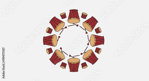 Circular arrangement of red drums and drumsticks.