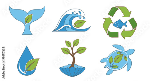 Eco friendly icons set with green leaves and blue symbols