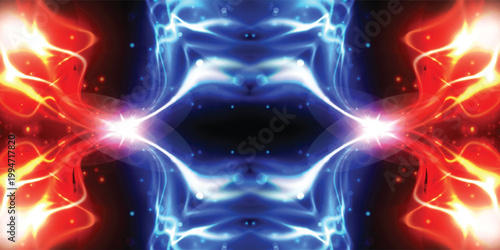 Elegant symmetrical blue and red plasma wave background with glowing stars and bokeh on a dark backdrop. Premium cinematic texture ideal for sci-fi branding and dynamic presentations.