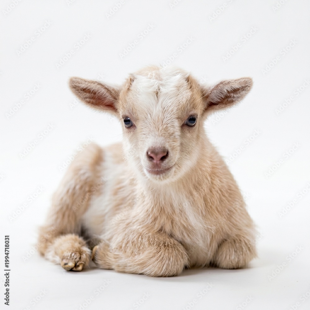 Fototapeta premium Adorable baby goat lying down, captured in a clean studio portrait with a white background, highlighting its delicate features and fluffy fur