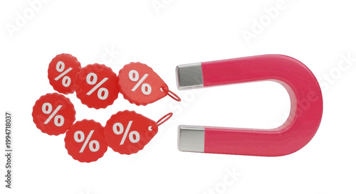 Vector illustration of red horseshoe magnet attracting red discount percentage tags on a transparent background