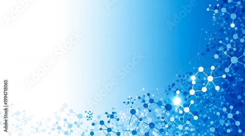 Abstract molecular network with interconnected nodes and lines on a gradient blue background symbolizing technology and scientific research.