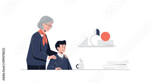 An older female mentor offers support and guidance to a younger male colleague sitting at his office desk with a coffee mug and a stack of papers.