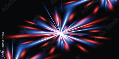 Dynamic red and blue starburst with glowing light rays and sharp energy flares on a dark background. High-impact cinematic effect perfect for esports branding and gaming visuals.