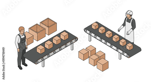 Two factory workers in uniform manage cardboard boxes on separate conveyor belts in an isometric industrial production line setting against a white background.