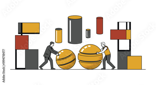Two businessmen in formal suits collaborate to move large golden spheres among various colorful geometric blocks and cylinders on a white background.