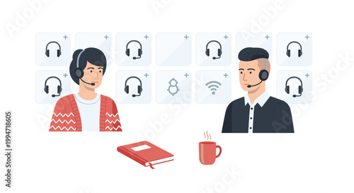 A male and female customer service representative with headsets sit across from each other with a notebook and coffee mug between them in a modern office concept.