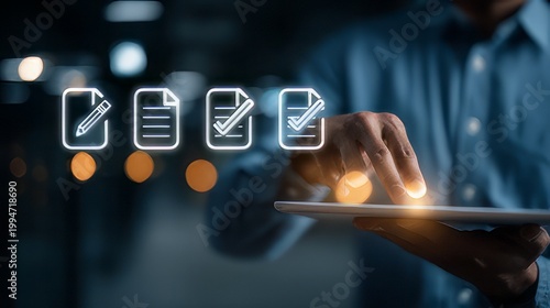 Digital document management and approval workflow. Holographic icons workflow automation process of creating, reviewing, and approving digital documents on a tablet. 