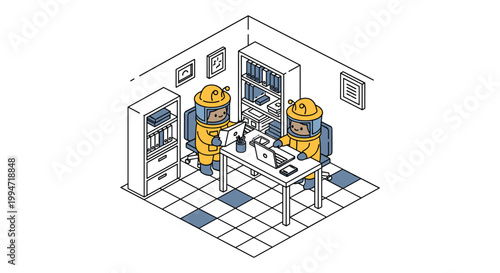 Two cartoon characters in yellow protective suits and helmets work on their laptops at a shared desk in a minimalist isometric office.