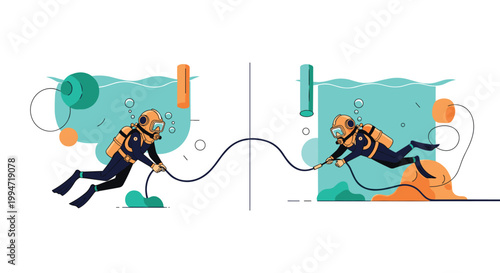 Two scuba divers in vintage deep-sea diving suits work together underwater to connect a long cable in a stylized vector illustration.