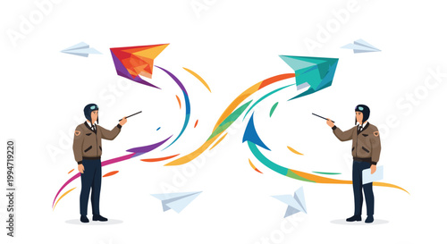 Two pilots in classic aviator jackets and helmets direct large, colorful paper airplanes that leave vibrant, intersecting trails of light across a clean white background.