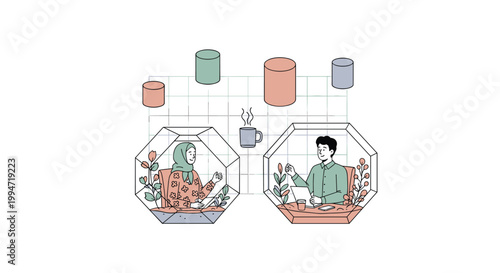 A man and a woman in a hijab work remotely from individual, plant-filled pods connected by a digital network diagram with a coffee cup icon.