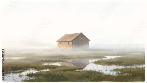 Solitary Wooden Cabin Shrouded in Morning Mist on a Wetland Meadow, With Still Water Reflecting the Structure in Soft Foggy Dawn Light