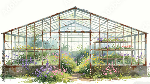 Watercolor Painting of an Abandoned Rustic Glass Greenhouse Overgrown with Colorful Wildflowers, Evoking a Peaceful Sense of Natural Reclamation and Gentle Rural Nostalgia
