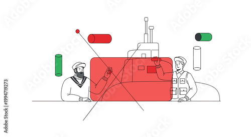 Two sailors, one bearded and one in a life vest, work together at a control panel illustrated by a transparent red submarine overlay and abstract data points.