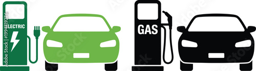 Gasoline car and electric car at the refueling station, car charging at the charger station, eco car concept, vector illustration showing comparison between petrol refueling and electric charging, 
