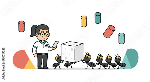 A female manager holding a tablet oversees a team of five industrious ants in hard hats as they collaborate to carry a large white block.