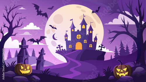 Enchanted castle glowing under a full moon in a mystical forest