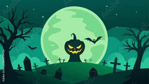 Halloween night with a glowing jack-o'-lantern and flying bat