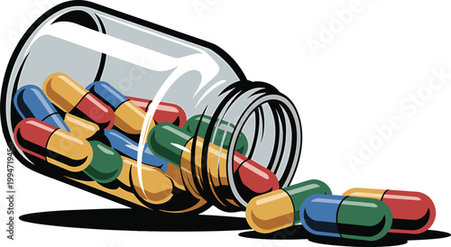 Glass pill bottle with colorful medical capsules spilling out isolated white background