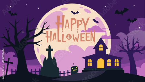 Spooky haunted house with a full moon and bats in the night sky