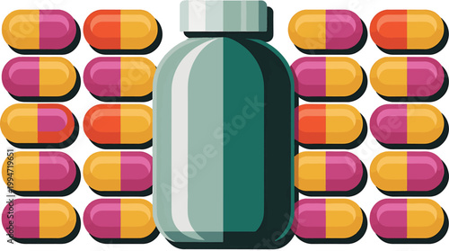 Bottle of medicine pills with many capsules around isolated white background