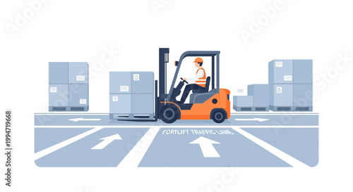A forklift operator follows warehouse safety procedures in a busy warehouse aisle.