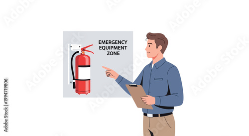 A man in a warehouse reviews safety procedures next to a fire extinguisher.