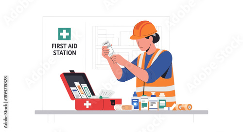 A worker in a warehouse follows safety procedures at a first aid station.
