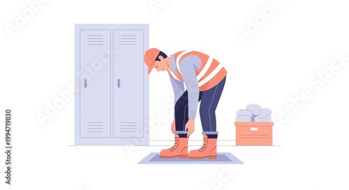 A worker in a warehouse follows safety procedures before entering.