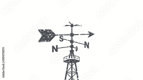Black and White Pencil Sketch of a Broken Misaligned Wind Vane Spinning Rapidly in a Blowing Snowstorm, Concept Illustration of Disorientation and Unstable Direction
