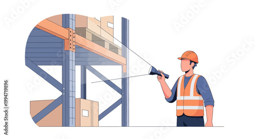A worker follows safety procedures while inspecting a warehouse for potential hazards.