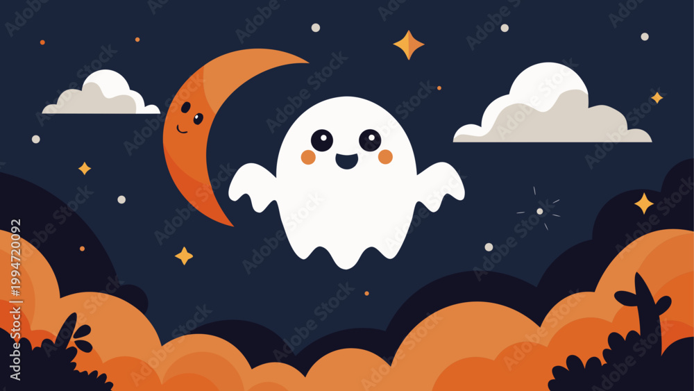 Fototapeta premium Halloween ghost flying under a full moon with bats