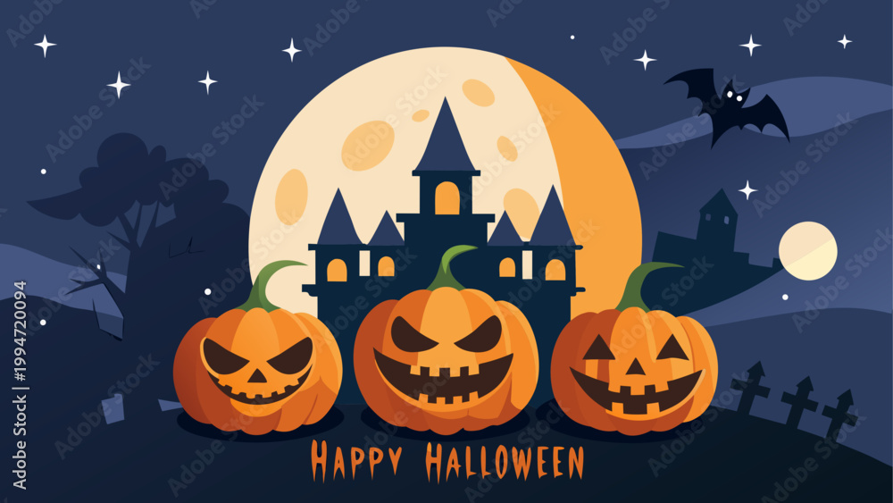 Fototapeta premium Halloween pumpkin lantern with spooky scene and full moon