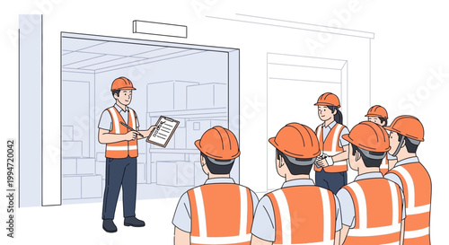 A man in safety gear explains warehouse procedures to workers.