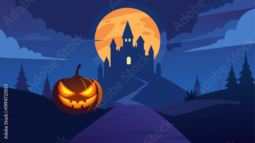 Halloween night with a jack-o'-lantern and a spooky ghost