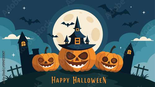 Halloween night with a spooky haunted house and jack-o-lanterns