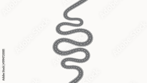 Top-Down Aerial View of a Winding Snaking Two-Lane Asphalt Road Isolated on a Plain White Minimalist Background, Curving Repeatedly Through the Frame
