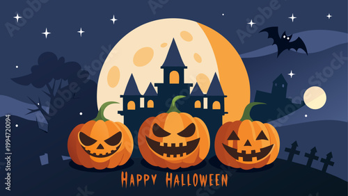 Halloween pumpkin lantern with spooky scene and full moon