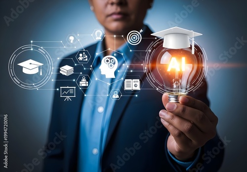 Businessman holding AI light bulb with graduation cap icon, representing artificial intelligence in education, smart learning systems,Education & Technology,  online courses, digital transformation