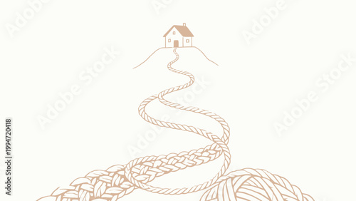 Minimalist Conceptual Illustration: An Unspooled Twisted Rope Forms a Winding Path Leading Up a Gentle Hill to a Small Isolated House, in Soft Warm Neutral Tones