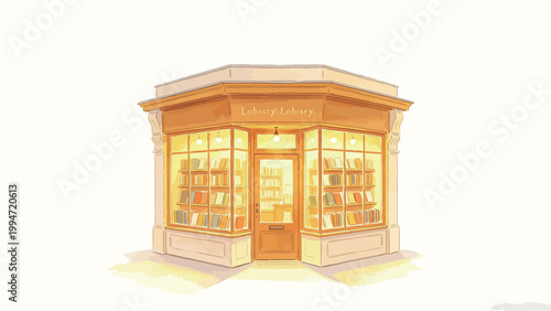 Warm Watercolor Illustration of a Cozy Illuminated Corner Bookstore on a Quiet Evening, Soft Glowing Light from Shop Windows